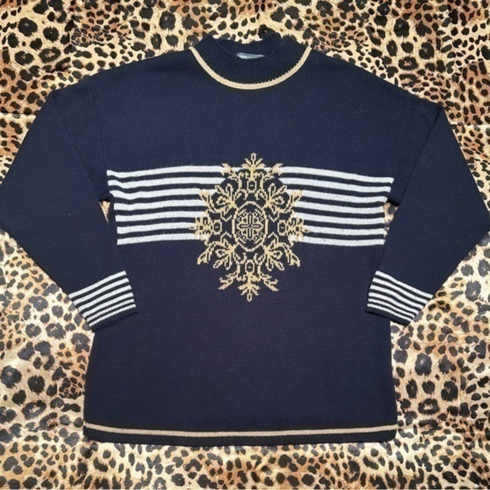 Vintage Norton McNaughton Petite Navy White and Gold Patterned Knit Sweater